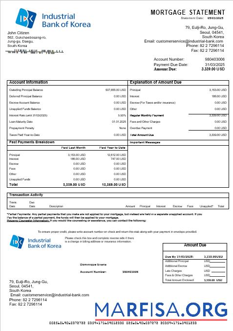 Downloadable South Korea Industrial bank mortgage statement in Word and PDF formats real example